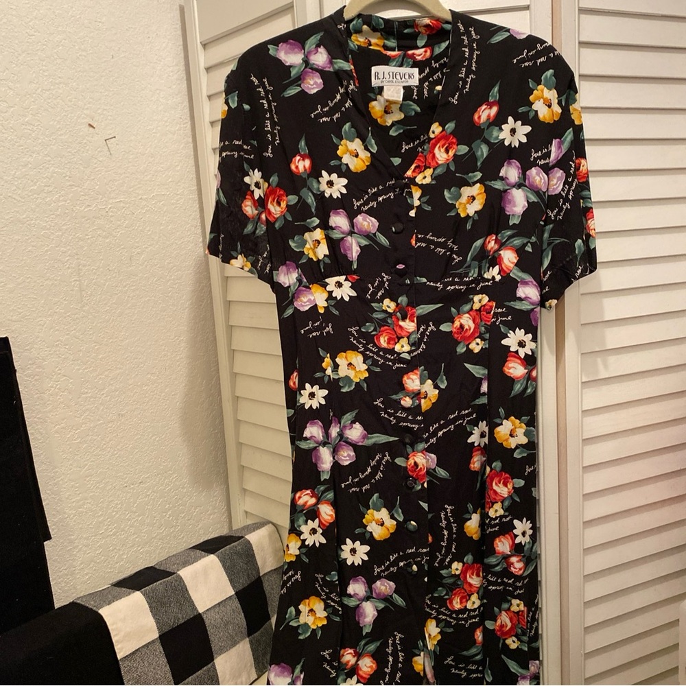 R J STEVENS Vtg Dress Black Multi Floral Colors Size 16 “Rockabilly Style” EUC